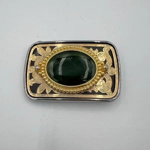 Vintage Western Cowboy Belt Buckle Gold Floral Engraving Green Stone - Picture 1 of 6