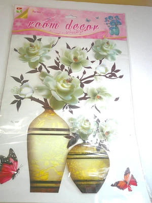 Jarrón grande pegatina de pared 3D marrón dorado con flores blancas nuevo en plástico Foto 1 de 4