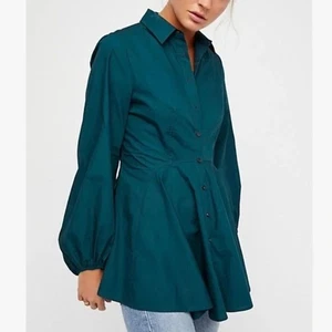 Free People All The Time Tunic Boho Dark Green Button Front Peplum Dress Top - Picture 1 of 6