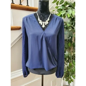 ACOA Women's Solid Blue Polyester V-Neck Long Sleeve Casual Blouse Size Large - Picture 1 of 12