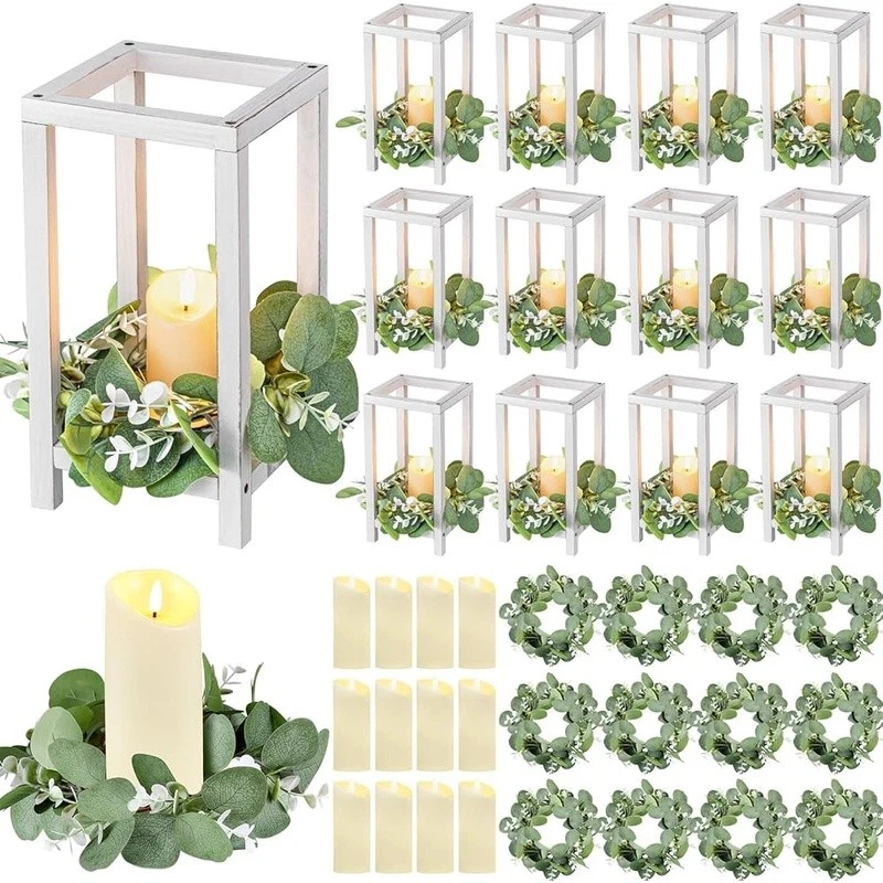 Juego de linternas de madera con velas LED coronas de eucalipto centros de mesa rústicos decoración Foto 1 de 4