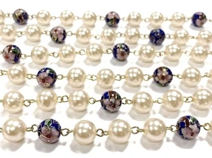 Cadena rosario de latón con cuentas cloisonné azul perla de Hong Kong vintage de 3 pies años 690 - Imagen 1 de 4