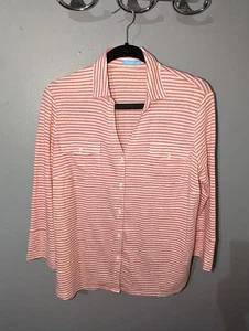 J McLaughlin Bryn Leinenmischung V-Ausschnitt Knopfleiste Top 3/4 Ärmel XL rosa weiß gestreift - Bild 1 von 14