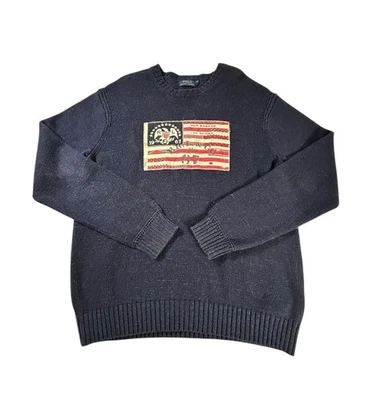 Polo Ralph Lauren Suéter Masculino Bandeira dos EUA Pulôver de Malha Extra Grande RL 1967 Bordado Azul - Imagem 1 de 4