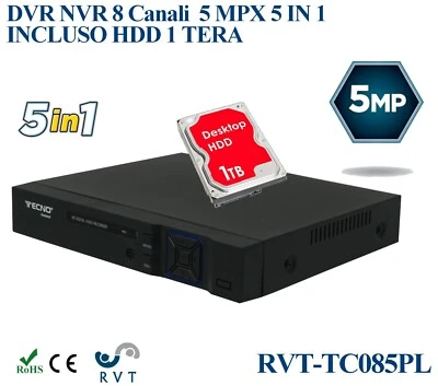 RVT DVR 8 CANALI IBRIDO 5 IN 1 CON HARD DISK 1 TB P2P USCITA VIDEO BNC HDMI 5 MPX