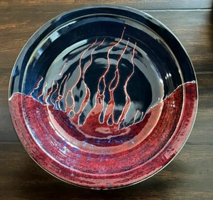 Bill Stewart LARGE Serve BOWL Red Blue White Fire Streak Drip Glaze Pottery Bowl - Picture 1 of 8