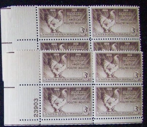 A plate block US 3¢ stamp SC #968 American Poultry Industry MNH 1948 - Picture 1 of 1