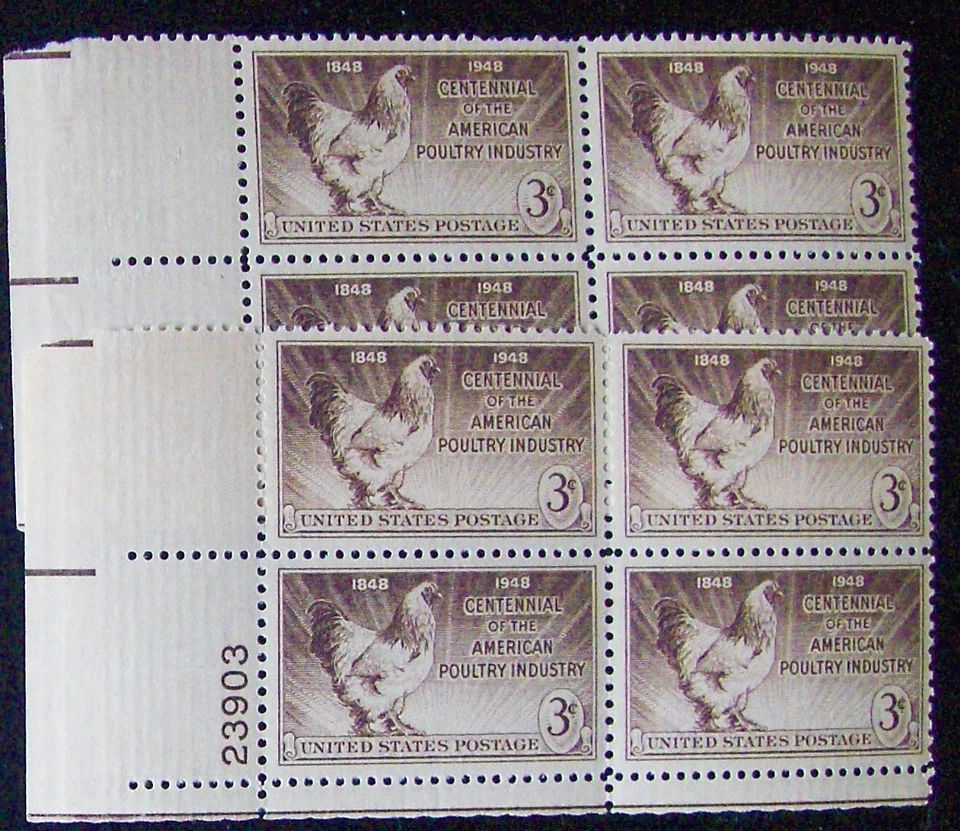 A plate block US 3¢ stamp SC #968 American Poultry Industry MNH 1948 - Image 1 of 1