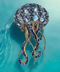 Lab Sapphire Pin Brooch 925 Silver Sea Star Jellyfish Adorable High End Jewelry - Picture 1 of 1