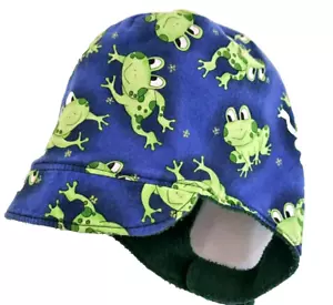 Cappello rana neonato reversibile verde blu gancio e passante cinturino foderato in pile - Foto 1 di 4