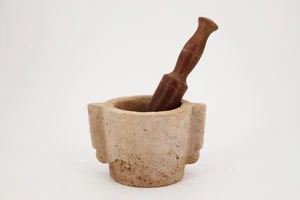 Antiguo mortero de mármol del siglo XVIII y mazo de madera - dos piezas - Imagen 1 de 10