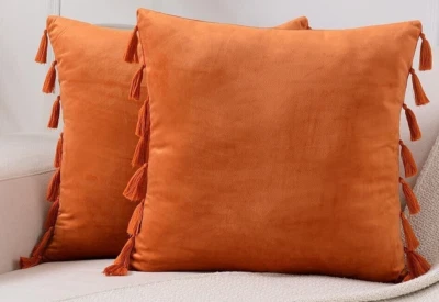PAIR 18 x 18 LUXURY PUMPKIN ORANGE VELVET TASSEL FRINGE  PILLOW COVERS (#025) - Image 1 of 2