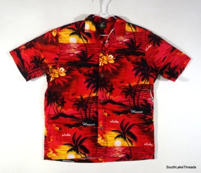 Мужская гавайская рубашка Royal Creations размер Medium цвет Sunset Scene Palms Red Orange сделано в США - Изображение 1 из 4