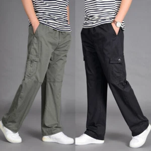 Men Long Cargo Pants Trousers Loose Casual Cotton Pocket Plus Size Fashion - Picture 1 of 11