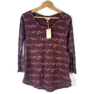 Lucky Brand Womens T-Shirt Top Size Large Maroon Floral Boho Peasant 3/4 Sleeve - Picture 1 of 10