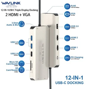 USB-C Hub 12in1 Triple Monitor Laptop Docking Station 2K VGA 2x 4K HDMI 100W PD - Picture 1 of 10
