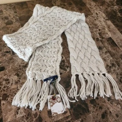 New FOSSIL Mila Acrylic Soft Scarf Neutral Crochet with Fringe Braided Trim - Image 1 of 4