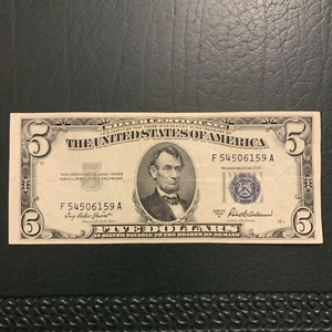 62696 Banknote Rare 1953 $5 5 Dollar bill Silver/blue Seal Crisp Paper Money - Picture 1 of 2