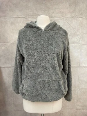 Women's Hoodie Gray Teddy Sherpa Drop Shoulder Kangaroo Pocket Pullover Size S - Image 1 of 4