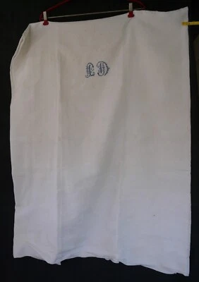 Nappe + 12 serviettes lin ancien brodé main lettres B.D bleues REF 4715C - Photo 1/4