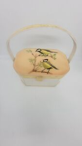 Betsy B Of Florida Wooden Basket Purse Lacquered yellow finch Family Scene Top 