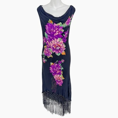 Lola P 花卉连衣裙大号黑色紫色条纹下摆无袖奇思妙哥特 — 第 1/4 张图片