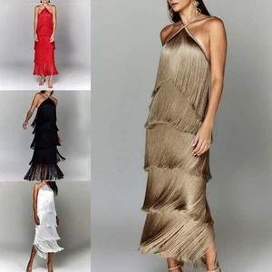 Women Backless Rumba Halter Dress with Multilayer Cake Hem for Parties - Picture 1 of 24