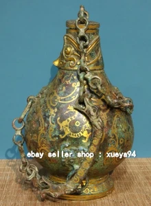Old China Dynasty Bronze Gilt Inscription Word Beast Ear Portable Tea Pot Flagon - Picture 1 of 9