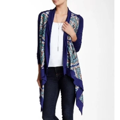 Vertigo Satin High Low Paisley Royal Blue Orange Long Sleeve Drape Cardigan S - Image 1 of 4
