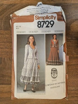 1978 SIMPLICITY #8729  "GUNNE SAX" DRESS PATTERN  Uncut Size 12 Cottagecore  - Image 1 of 3