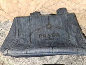 Authentic Prada Blue Canapa Logo Denim Satchel Bag - Photo 1/10