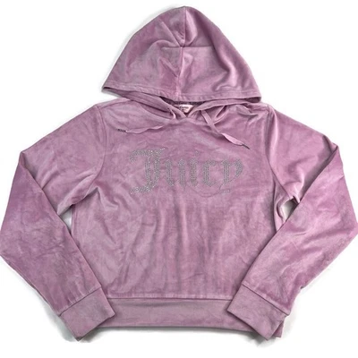 Juicy Couture Velour Hoodie Size Medium Sleepwear Pink Rhinestone Lounge Cropped - Image 1 of 4