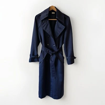 Gabardina de satén azul marino vintage años 70 Sears chaqueta de poliéster talla 14 Foto 1 de 4