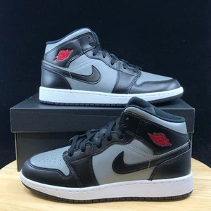 Nike Air Jordan 1 Mid GS Shadow Black Grey Gym Red White 554725-096 Sz 7y/ 8.5W - Picture 1 of 10