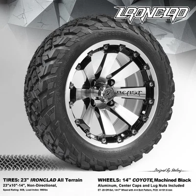 GOLF CART 14"x7" MACHINE 'COYOTE' WHEELS and 23"x10"-14" IRONCLAD A/T TIRES Foto 1 de 4