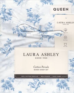 Laura Ashley Queen Sheet Set Victorian Bouquet Blue 4pc Cottage Farmhouse White - Picture 1 of 4