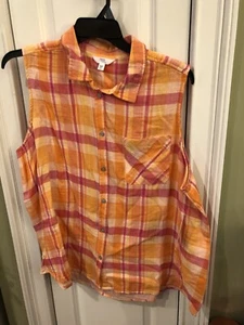 NWT Women’s Size XXXL (22) Sleeveless Button Down Shirt Orange Plaid Sku WR - Picture 1 of 7