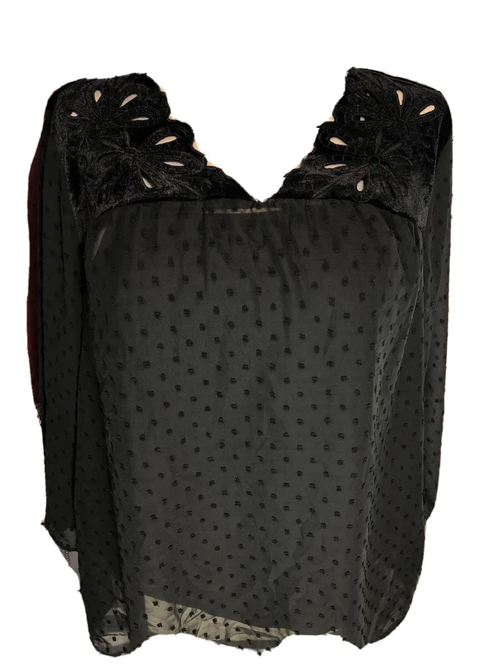 Style & Co Eyelet Black Swiss Dot Velvet Velour Yoke Top Blouse Plus Size 1x