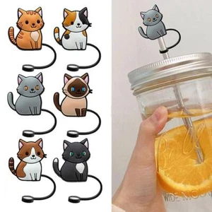 6*Cat Silicone Straw Covers Cap Reusable Straw Toppers Cute Straw Tips Bar D4S8 - Picture 1 of 12
