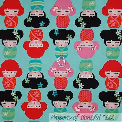 BonEful Fabric FQ Cotton Quilt VTG Aqua Pink Blue B&W Flower Girl Asian Chinese - Image 1 of 4