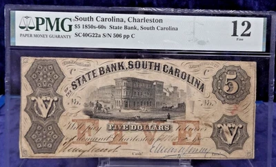 1850-60s $5 Dollars PMG 12 - State Bank South Carolina, Charleston SC40-G22a - Image 1 of 4