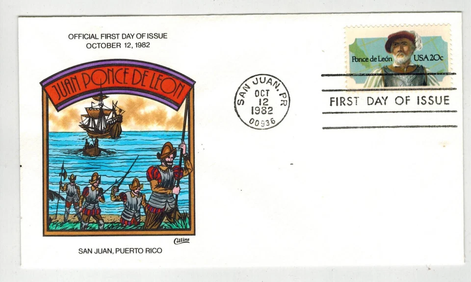 1982 COLLINS HANDPAINTED FDC 2024 EXPLORER JUAN PONCE E LEON PUERTO RICO - Image 1 of 1