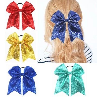 Large 7 inch Sparkle Sequins girls hair bow strong thick bobble   school UK - Image 1 of 4