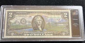 BRADFORD EXCHANGE CALIFORNIA YELLOW NATIONAL PARK 2 DOLLAR COLORIZED UNC BANK - Picture 1 of 3