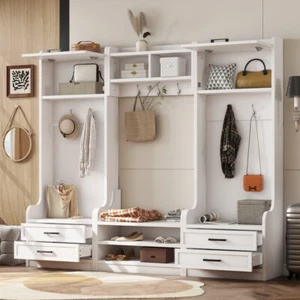 4-in-1 Detachable Hall Tree with 7 Hooks, Coat Rack w Drawers & Cabinet, White - Picture 1 of 22