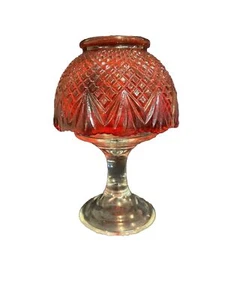 Vintage Pressed Glass Candle Lamp Ruby Red/Clear. Diamonds & Fan Pattern - Picture 1 of 5