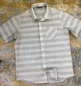 Travis Mathew Short Sleeve Button Up Pocket Shirt Men's Size LARGE Gray Stripes - Picture 1 of 10