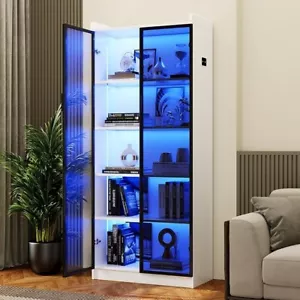 Dystler Bookcase with 2 Doors & Adjustable Shelves, Tall Storage Cabinet LED - Picture 1 of 7