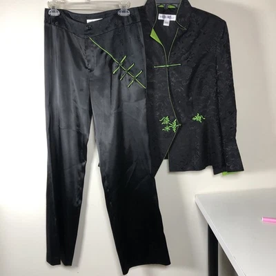 PLLC Asiático Dos Piezas Pantalón Traje Satinado Grande Negro Bordado Moda Foto 1 de 4