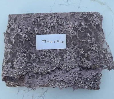 Sale! Mauve Embroidery Floral Pattern Sequined Cord Heavy Lace Fabric 44” x 54” - Image 1 of 4